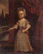 unknow artist Portrait of a young girl,full length,holding a toy dog and a bunch of cherries,set beside a partly-draped red curtain china oil painting artist